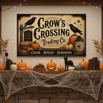 A cozy autumn living room scene centered on a stone fireplace with a lit fire, pumpkins, spiderwebs, string lights, and a framed sign reading 'Crow's Crossing Trading Co.' above the mantel.