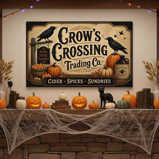 A cozy autumn living room scene centered on a stone fireplace with a lit fire, pumpkins, spiderwebs, string lights, and a framed sign reading 'Crow's Crossing Trading Co.' above the mantel.