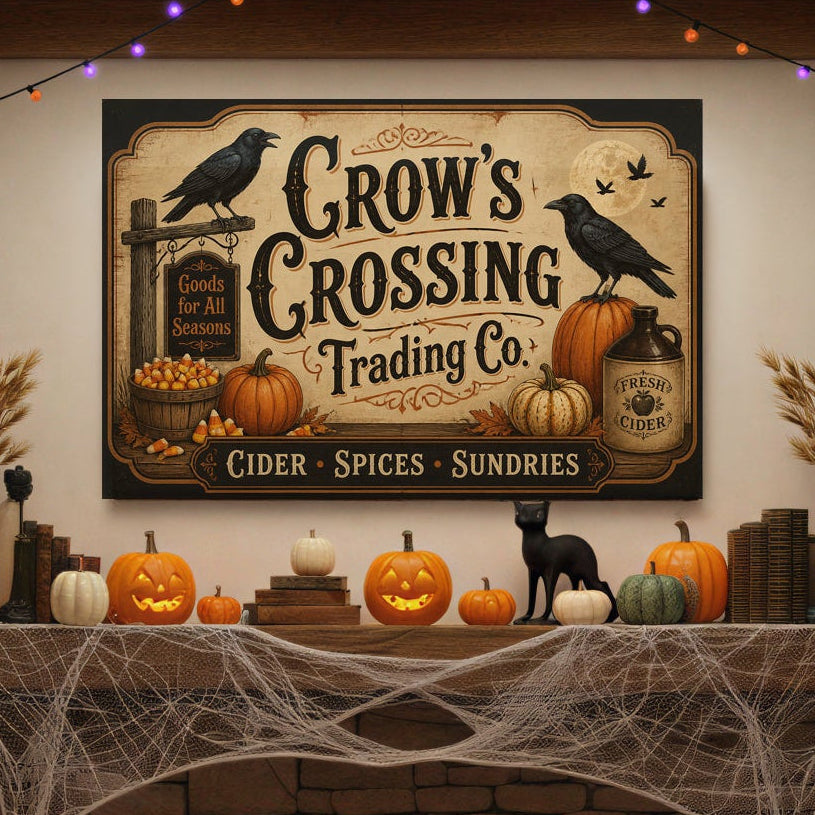 A cozy Halloween-themed living room with a stone fireplace, string lights, pumpkins, a rocking chair with a scarecrow, and a framed vintage-style sign reading 'Crow's Crossing Trading Co.' on the wall.