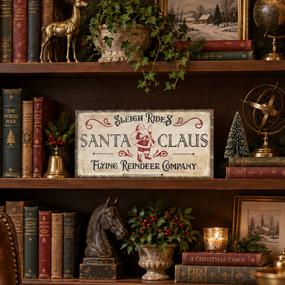 small flying reindeer canvas sign on a bookshelf
