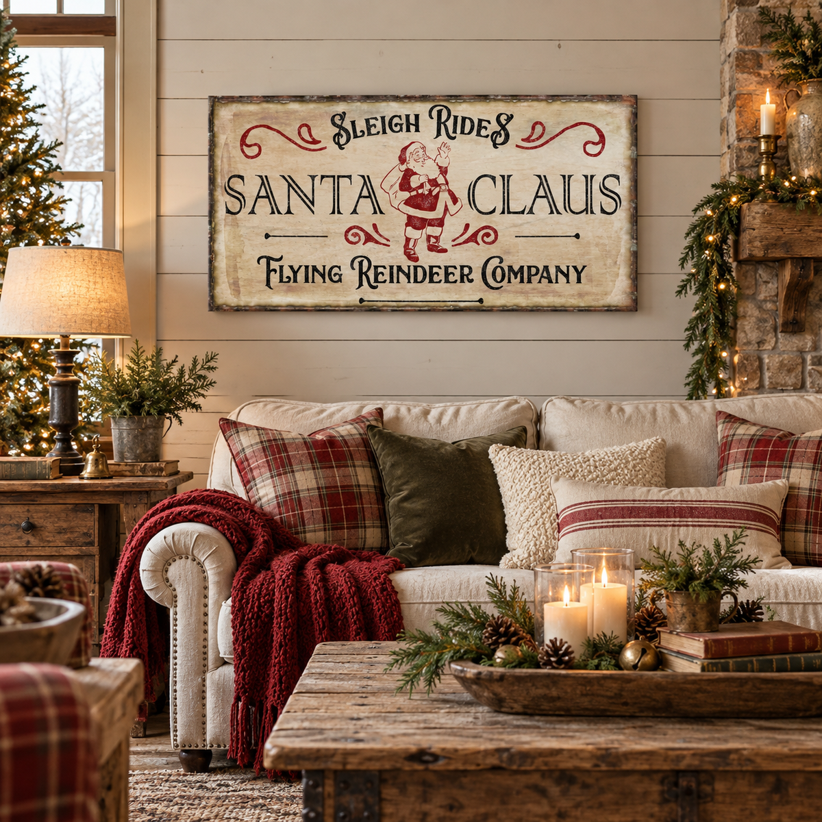 Santa Claus Flying Reindeer Company Vintage Christmas Canvas