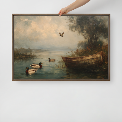 Lake Landscape with Mallard Ducks Framed Canvas Art