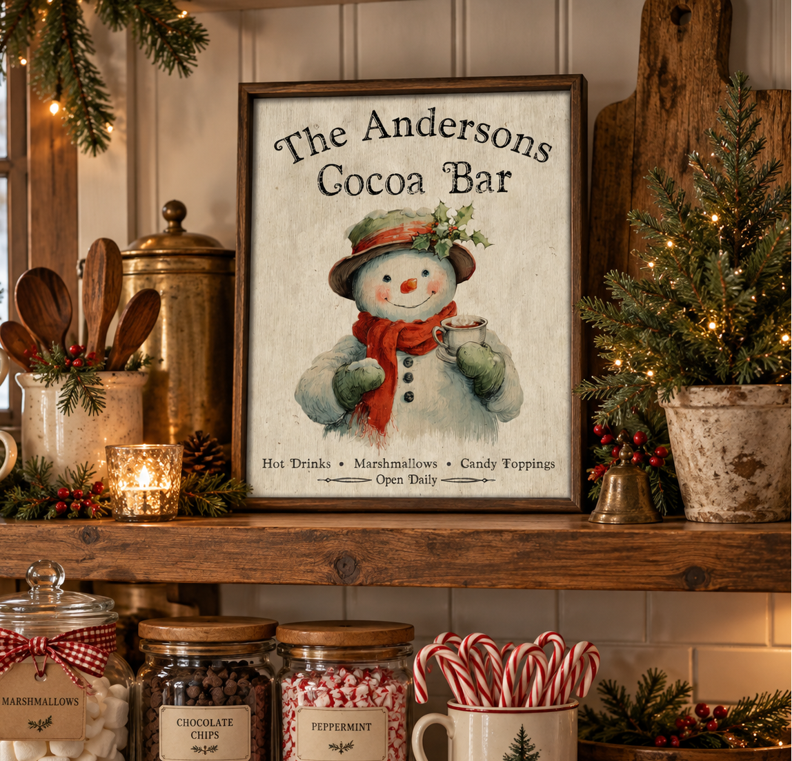 A framed rustic sign reading 'The Andersons Cocoa Bar' with a snowman illustration, displayed on a wooden shelf in a cozy holiday kitchen setting with mugs, jars, candles, and evergreen garlands.