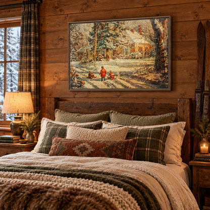 Vintage Sledding Winter Wood Framed Canvas Wall Art