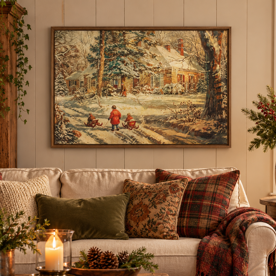 Vintage Sledding Winter Wood Framed Canvas Wall Art