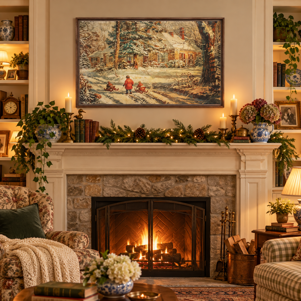 Vintage Sledding Winter Wood Framed Canvas Wall Art