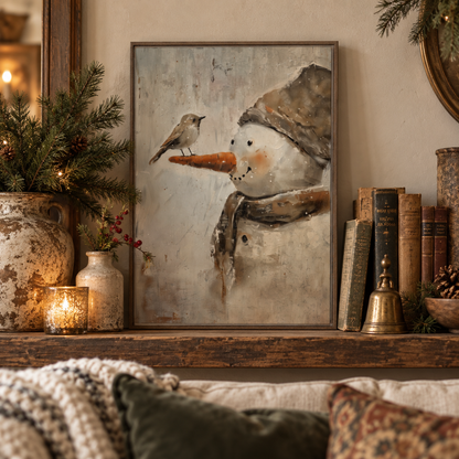 Snowman Framed Canvas Print, Whimsical Winter Decor