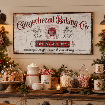 gingerbread baking co canvas art above a cocoa bar decorated for winter