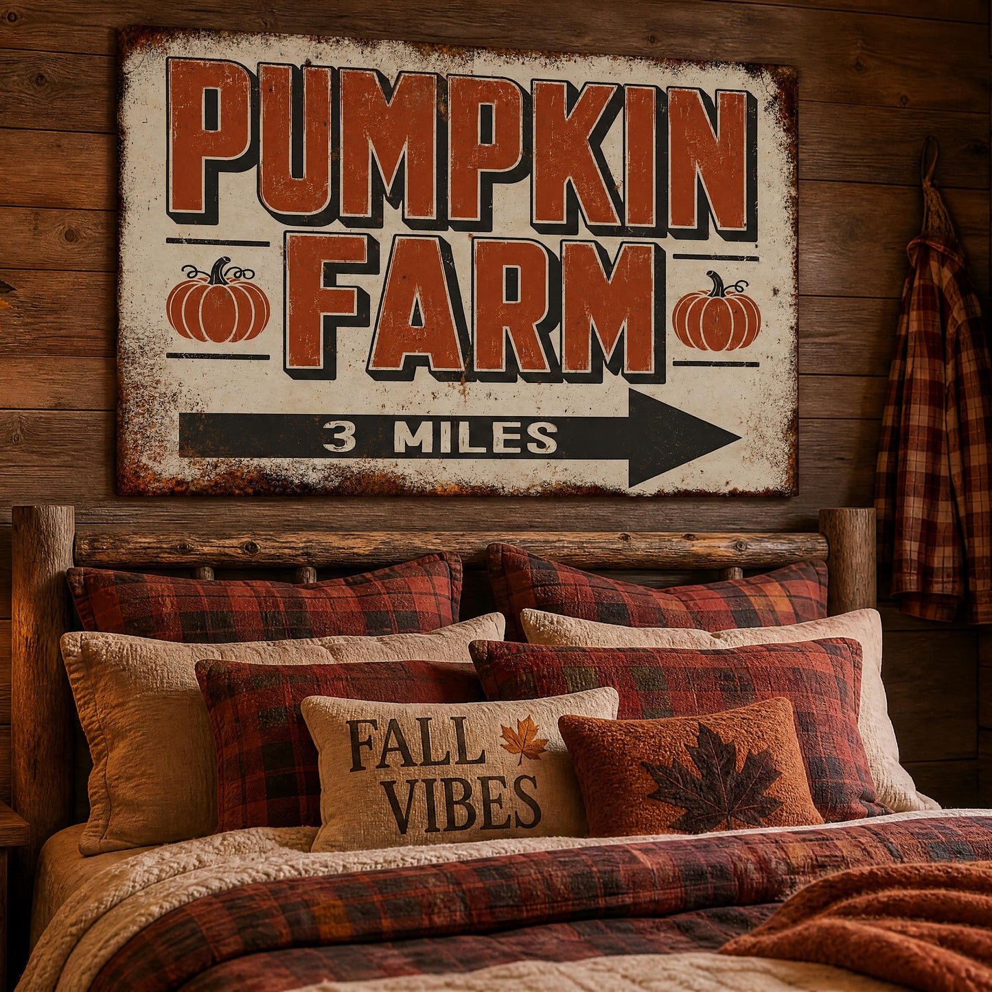 A rustic bedroom scene with a large distressed canvas sign reading 'PUMPKIN FARM 3 MILES' mounted above a bed. The room has wood-paneled walls, a lit bedside lamp, plaid curtains, and matching autumn-themed bedding, including a pillow that says 'FALL VIBES'.