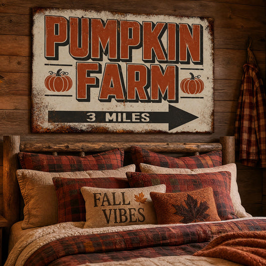 A rustic bedroom scene with a large distressed canvas sign reading 'PUMPKIN FARM 3 MILES' mounted above a bed. The room has wood-paneled walls, a lit bedside lamp, plaid curtains, and matching autumn-themed bedding, including a pillow that says 'FALL VIBES'.