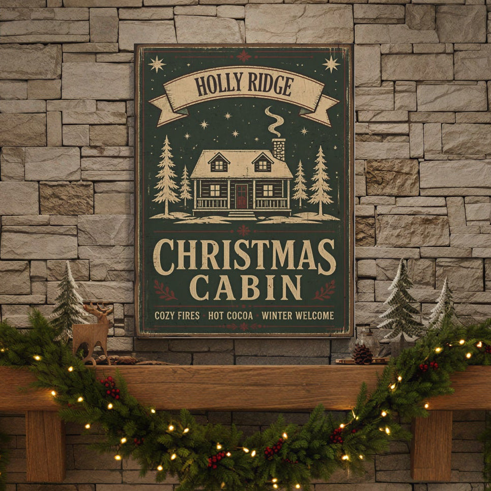 A festive Christmas-themed wall art print hanging above a stone fireplace in a decorated living room. The print features a vintage-style cabin illustration with the text 'Holly Ridge Christmas Cabin' on a dark green background.