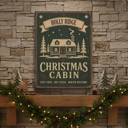 A festive Christmas-themed wall art print hanging above a stone fireplace in a decorated living room. The print features a vintage-style cabin illustration with the text 'Holly Ridge Christmas Cabin' on a dark green background.