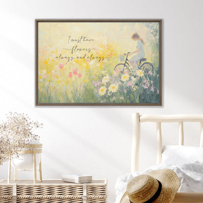 Canvas artwork of a woman on a bicycle in a field with flowers completed with a wooden frame