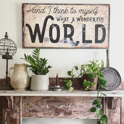 Vintage What a Wonderful World Canvas Art - Rustic, Distressed Sign, Farmhouse Home Decor, Inspirational Wall Art, Anniversary Gift