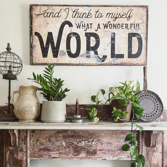 Vintage What a Wonderful World Canvas Art - Rustic, Distressed Sign, Farmhouse Home Decor, Inspirational Wall Art, Anniversary Gift