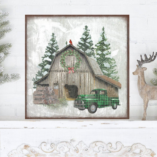 Holiday Decor, Winter Barn Scene, Canvas Wall Art, Farmhouse Home Decor, Vintage Holiday Sign, Farmhouse Winter Decor, Vintage Barn Sign