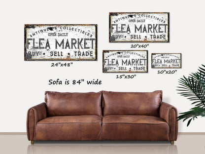 Vintage Flea Market Sign, Farmhouse Decor, Canvas Wall Art, Antiques Sign, Buy Sell Trade, Old Time Signs, Rustic Decor, Vintage Sign