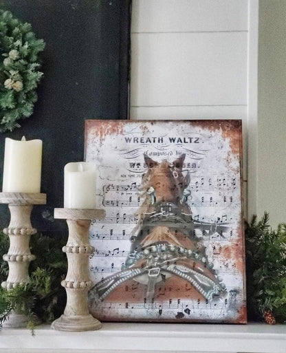Horse Wreath, Sheet Music Canvas Wall Art, Holiday Decor, Christmas Decoration, Wreath Waltz, Horse Drawn Sleigh, Winter Decor