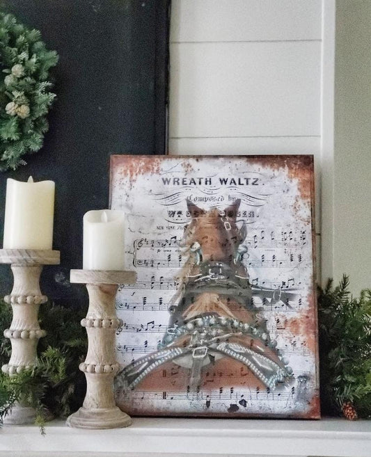 Horse Wreath, Sheet Music Canvas Wall Art, Holiday Decor, Christmas Decoration, Wreath Waltz, Horse Drawn Sleigh, Winter Decor