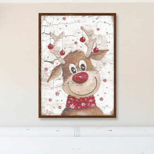 Christmas Decor, Reindeer Sign, Canvas Wall Art, Vintage Holiday Decor, Christmas Wall Art, Reindeer Picture, Rudolph The Red Nosed Reindeer