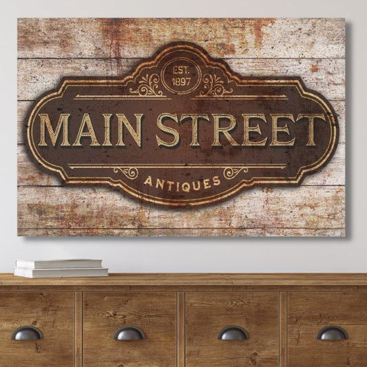 Main Street Antiques Vintage Canvas Art, Vintage Decor, Vintage Sign, Large Canvas Wall Art, Vintage Farmhouse, Antique Art, Faux Wood Sign