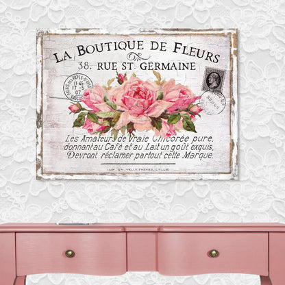 La Boutique De Fleurs, Canvas Wall Art, Floral Sign, French Country Decor, Vintage Signs, Farmhouse Decor, Oversized Wall Art