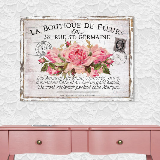 La Boutique De Fleurs, Canvas Wall Art, Floral Sign, French Country Decor, Vintage Signs, Farmhouse Decor, Oversized Wall Art