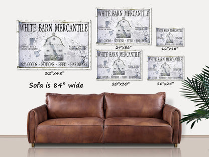 White Barn Mercantile Sign, Large Canvas Wall Art, Faux Metal Sign, Primitive Decor, Rustic Wall Art, Vintage Antiques Sign