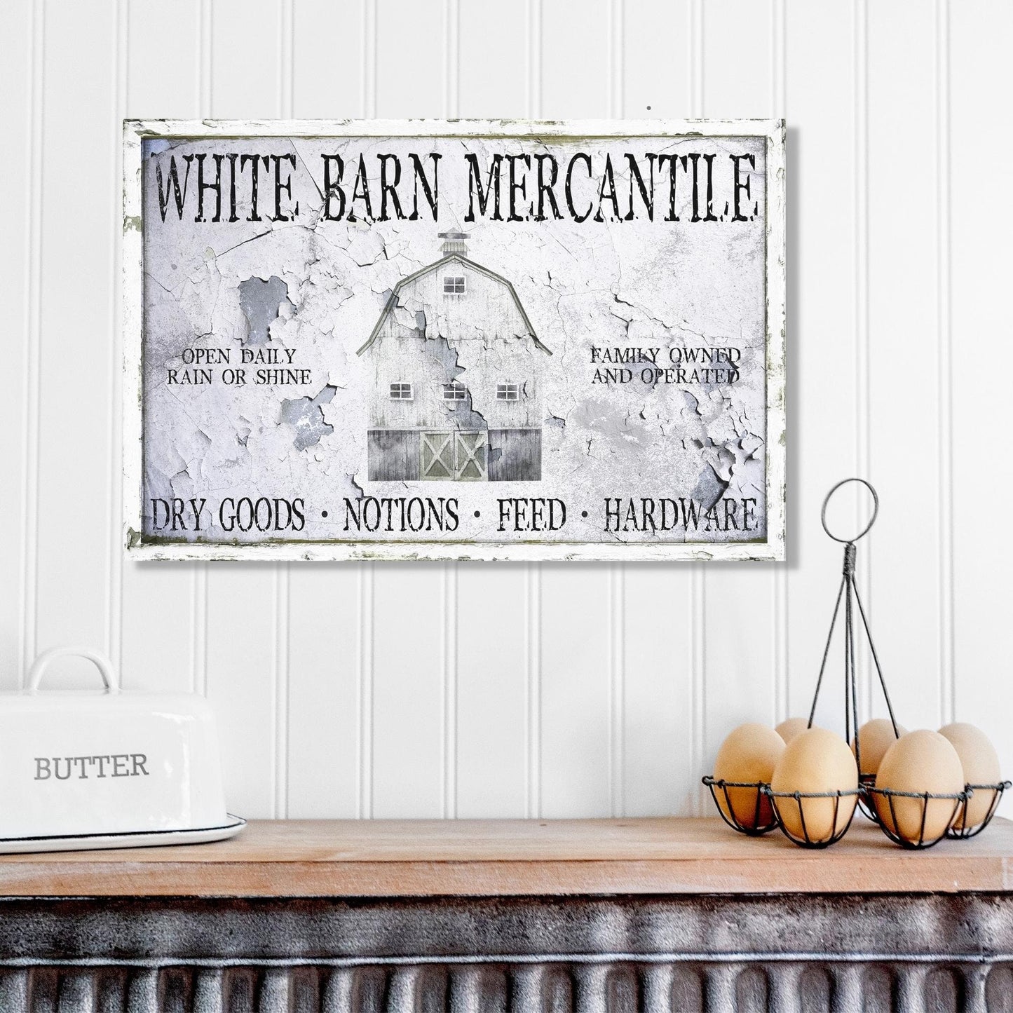 White Barn Mercantile Sign, Large Canvas Wall Art, Faux Metal Sign, Primitive Decor, Rustic Wall Art, Vintage Antiques Sign