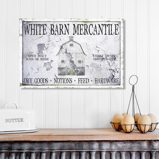 White Barn Mercantile Sign, Large Canvas Wall Art, Faux Metal Sign, Primitive Decor, Rustic Wall Art, Vintage Antiques Sign