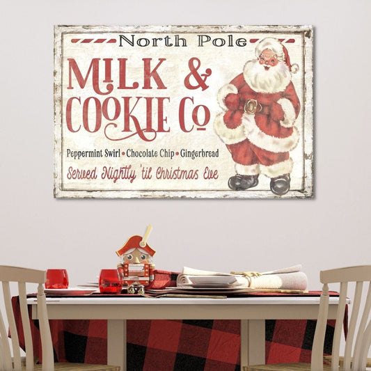 Holiday Decor, North Pole Milk & Cookie Co Canvas Sign, Vintage Christmas, Christmas Signs, Kitchen Christmas Decor, Christmas Wall Art