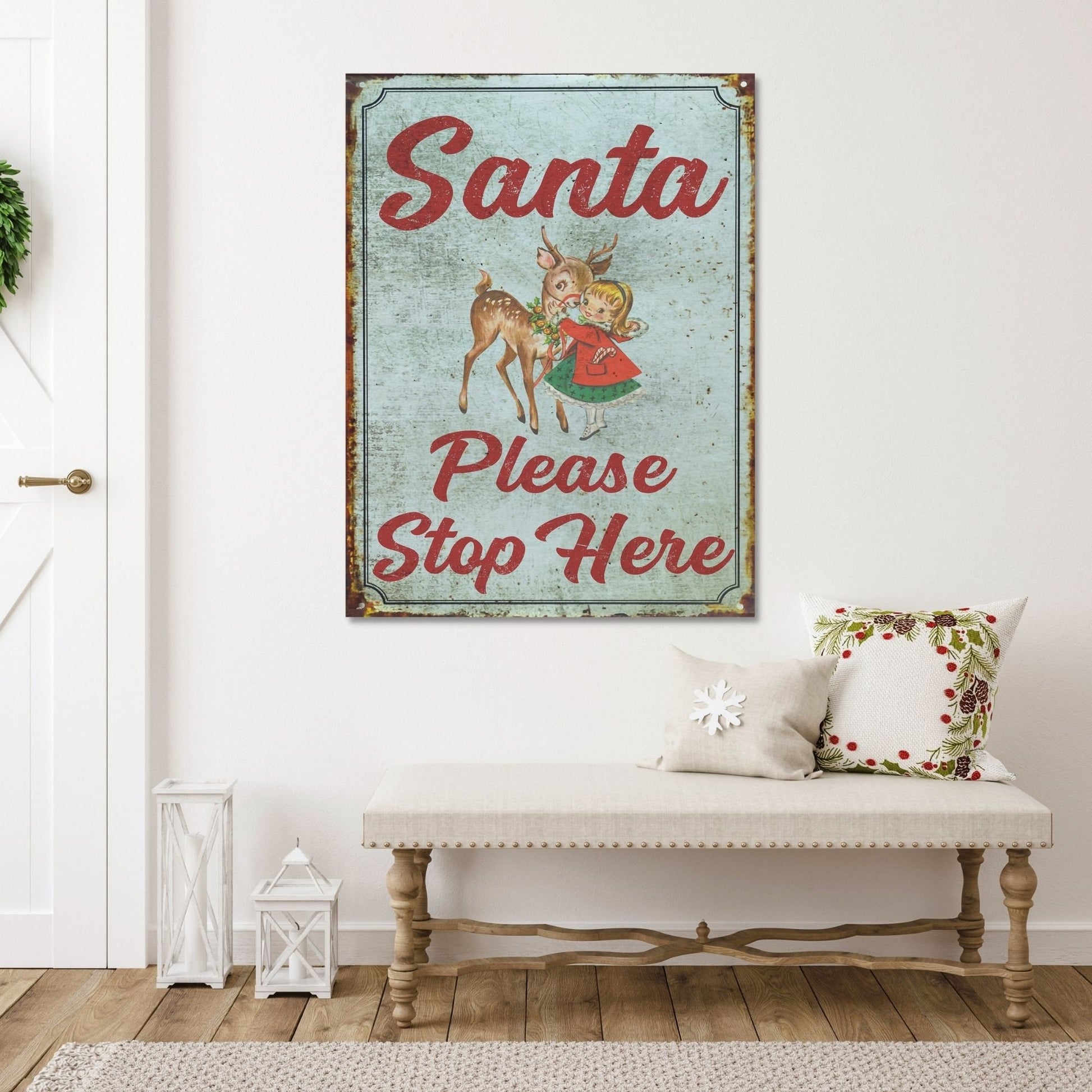 Holiday Decor, Santa Please Stop Here Canvas Wall Art, Christmas Signs, Retro Christmas, Large Canvas Signs, Vintage Holiday Sign