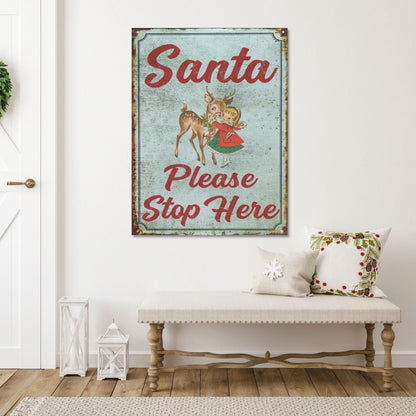 Holiday Decor, Santa Please Stop Here Canvas Wall Art, Christmas Signs, Retro Christmas, Large Canvas Signs, Vintage Holiday Sign