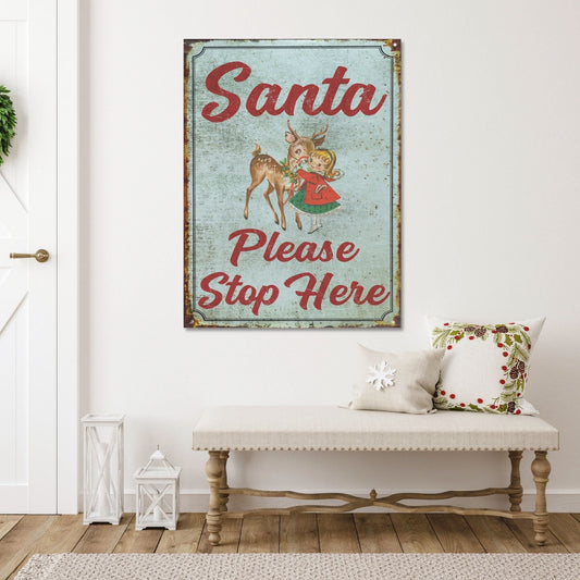 Holiday Decor, Santa Please Stop Here Canvas Wall Art, Christmas Signs, Retro Christmas, Large Canvas Signs, Vintage Holiday Sign