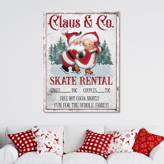 Vintage Christmas Decorations, Holiday Decor, Santa Claus & Co Skate Rental, Large Canvas Signs, Vintage Holiday Signs, Santa Claus Art