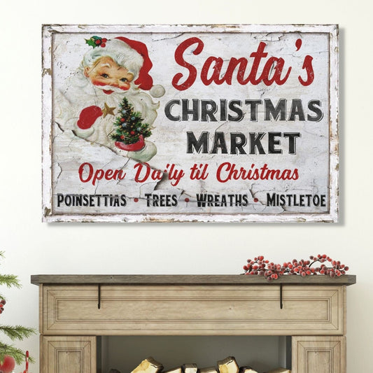 Holiday Decor, Santa's Christmas Market, Vintage Christmas Decor, Santa Christmas Decor, Christmas Canvas Wall Art, Christmas Canvas Sign