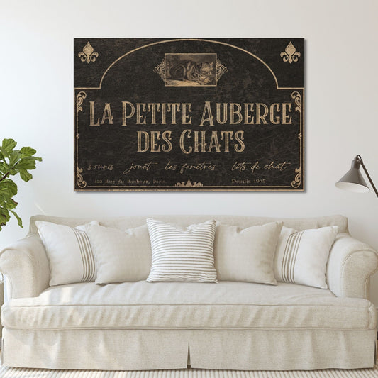 French Hotel Sign, La Petite Auberge Des Chats, The Little Cat Inn, Cat Lovers Gift, Large Canvas Wall Art, French Decor, Vintage Hotel Sign