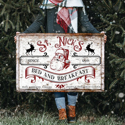 St Nicks Bed And Breakfast, Vintage Holiday Sign, Large Canvas Sign, Faux Metal Christmas Decor, Santa Christmas Decor, Christmas Wall Art