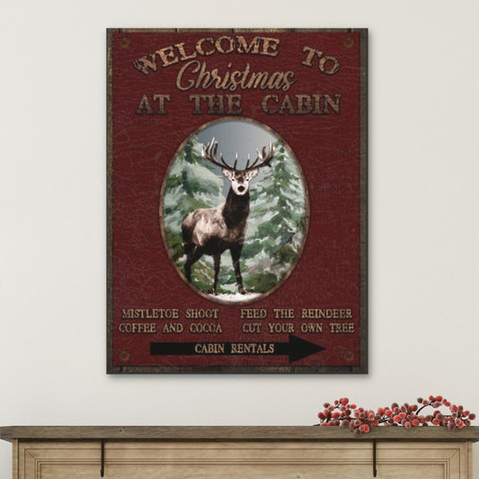 Christmas At The Cabin, Christmas Decor Vintage, Rustic Christmas, Large Canvas Signs, Vintage Holiday Signs, Cabin Decor, Christmas Deer