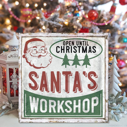 Retro Christmas, Santa's Workshop Canvas Wall Art, Holiday Decor, Vintage Wall Art, Farmhouse Christmas, Santa Decor, Christmas Signs