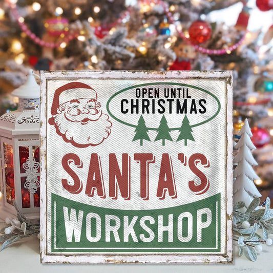 Retro Christmas, Santa's Workshop Canvas Wall Art, Holiday Decor, Vintage Wall Art, Farmhouse Christmas, Santa Decor, Christmas Signs