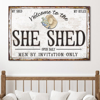 She Shed Sign, Canvas Wall Art, Vintage Decor, Rustic Decor, Faux Metal Sign, Vintage Farmhouse Decor, Shed Rules, Best Friend Gift,