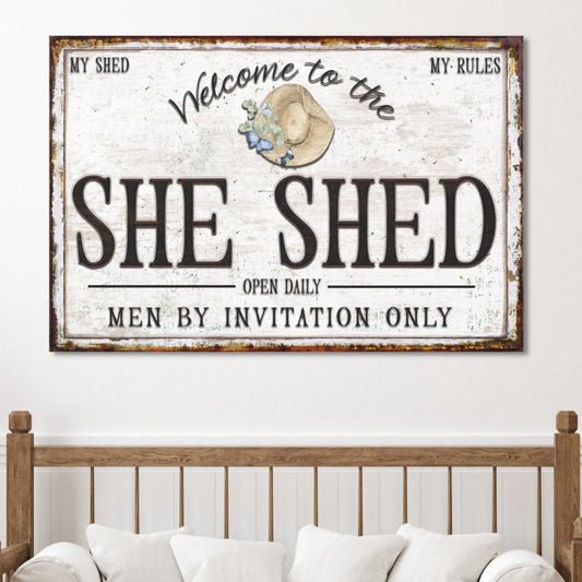 She Shed Sign, Canvas Wall Art, Vintage Decor, Rustic Decor, Faux Metal Sign, Vintage Farmhouse Decor, Shed Rules, Best Friend Gift,