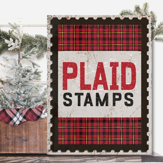Plaid Stamps Sign, Holiday Decor, Canvas Wall Art, Christmas Signs, Nostalgic Christmas Decor, Vintage Christmas Decor, Faux Metal Sign