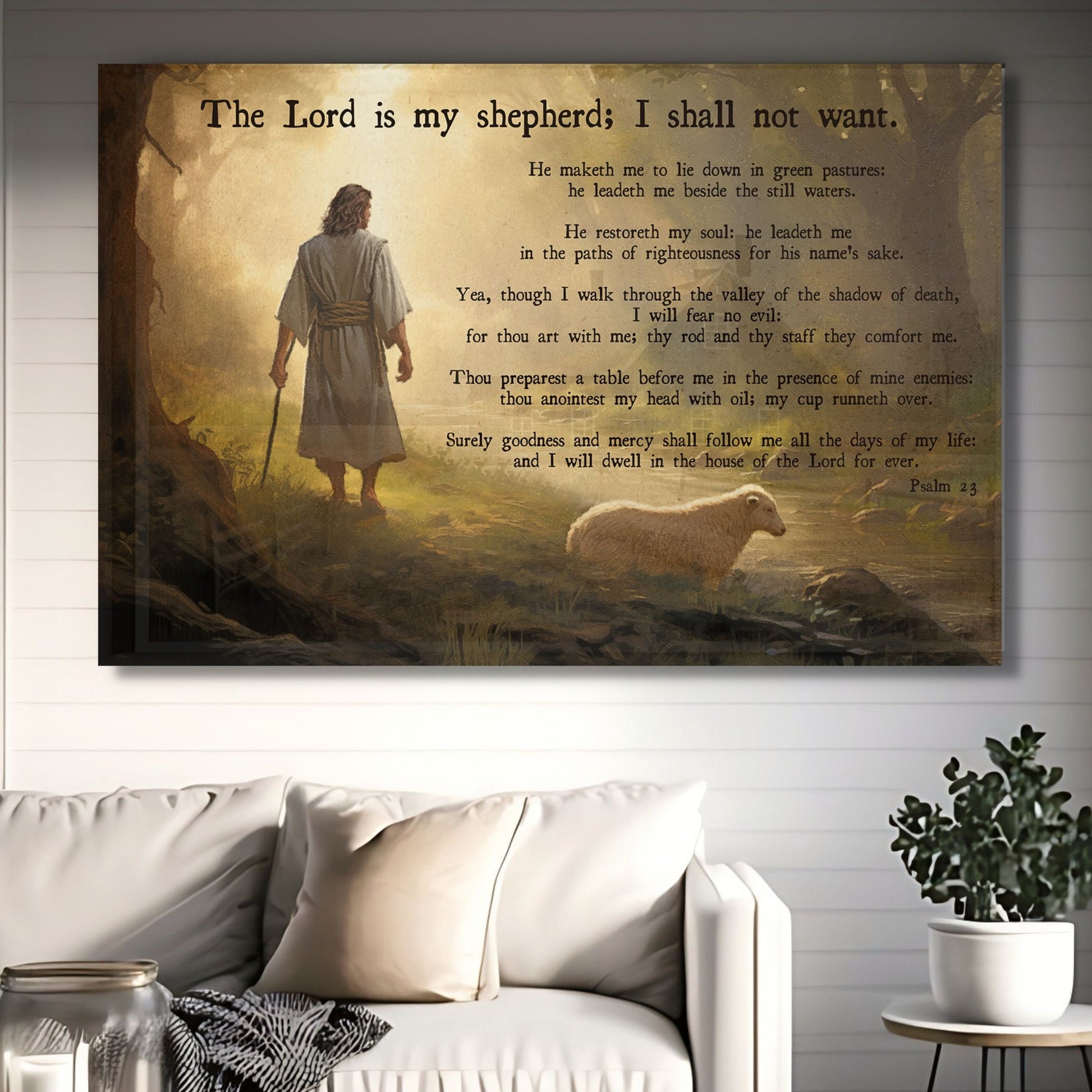 Psalm 23 verse featuring Jesus walking along a serene riverbank