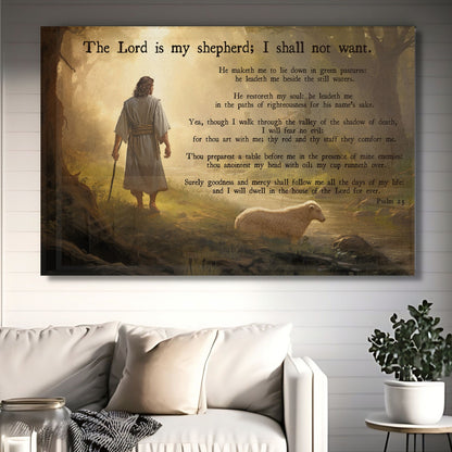 Psalm 23 verse featuring Jesus walking along a serene riverbank