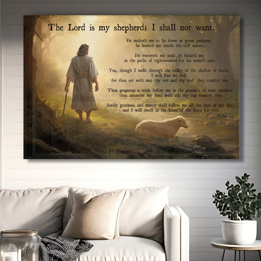 Psalm 23 verse featuring Jesus walking along a serene riverbank