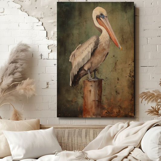 moody nautical art, vintage pelican on canvas