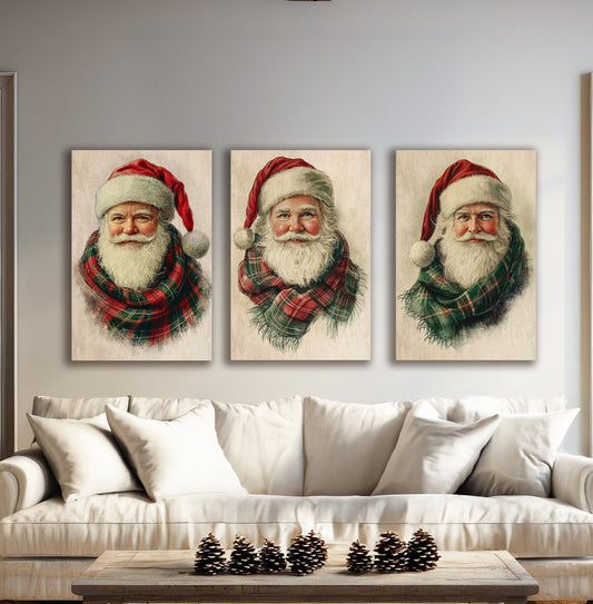 Vintage Scottish Santas wearing tartan plaid scarves. Canvas art, each sold seperately.