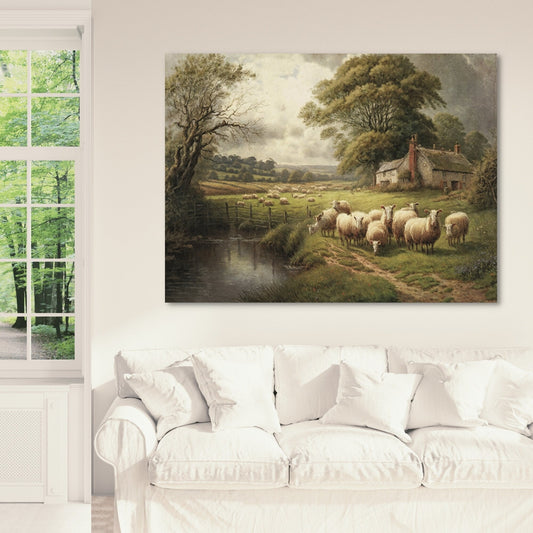 canvas art of sheep grazing by a river designed to look like an old painting